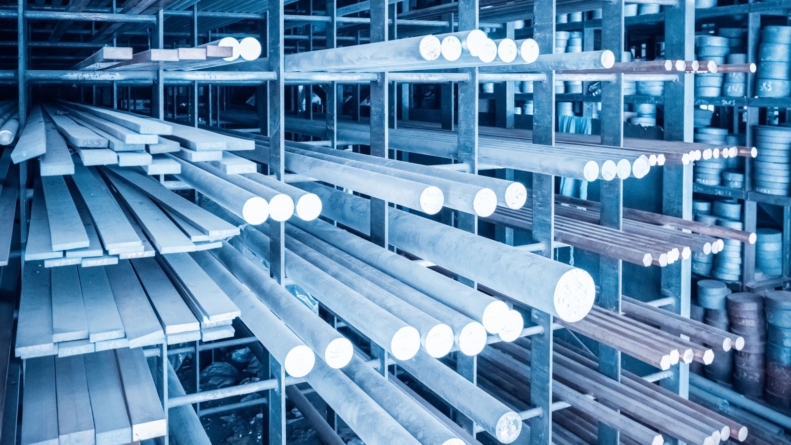 Metal rods and bars stored on shelves