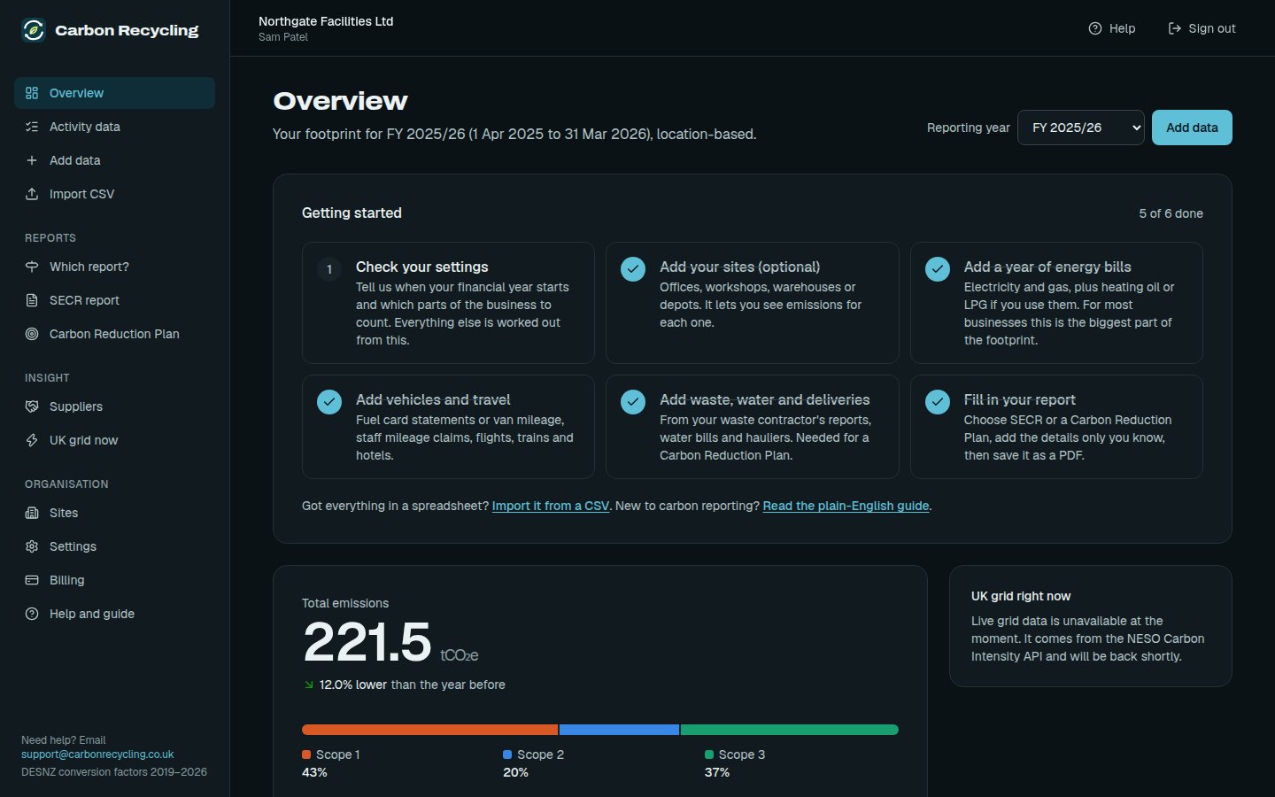 The app's dashboard, dark mode